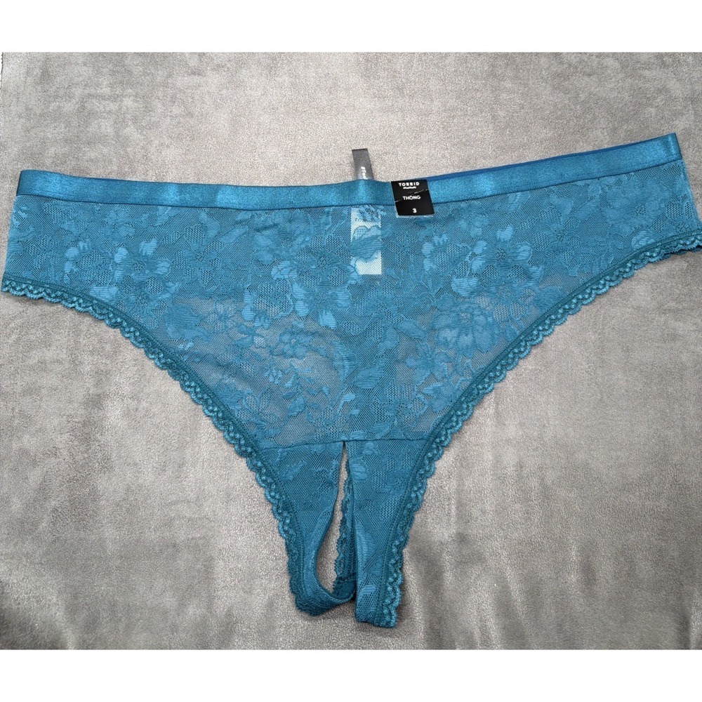 Torrid Aria Lace Thong Panty Open Gusset Turquoise Blue Size 3X